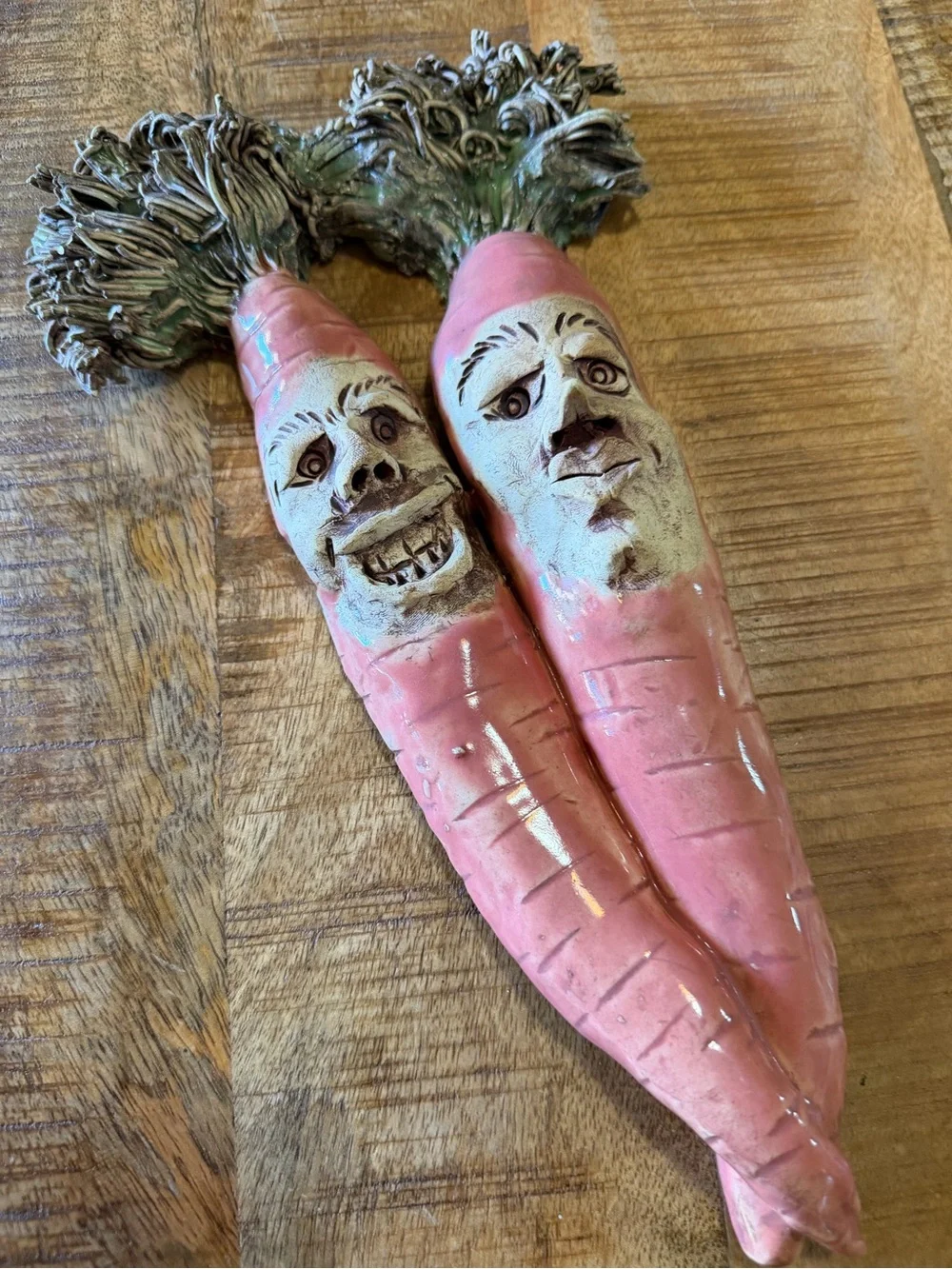 2 Face Anthropomorphic 3D Carrots Signed Clay Pottery Vintage 2000, 12.5”x5” EUC